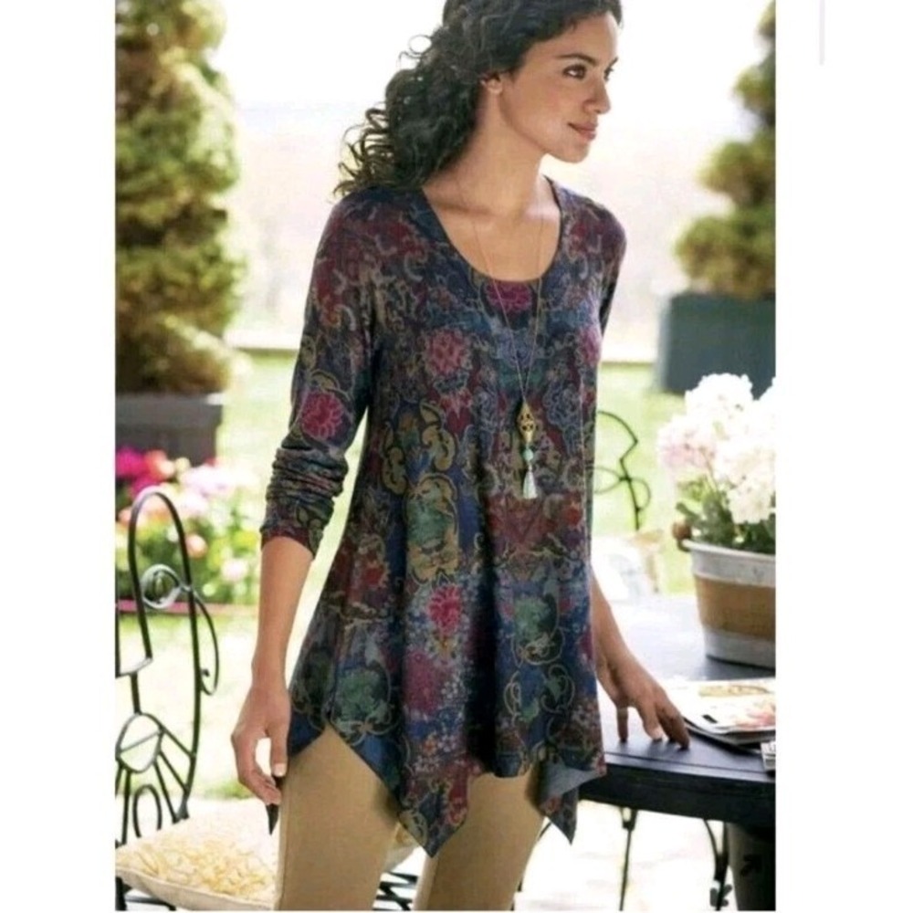 Soft Surroundings Tunic Blouse Mini Dress Knit Floral Boho Size Petite Large